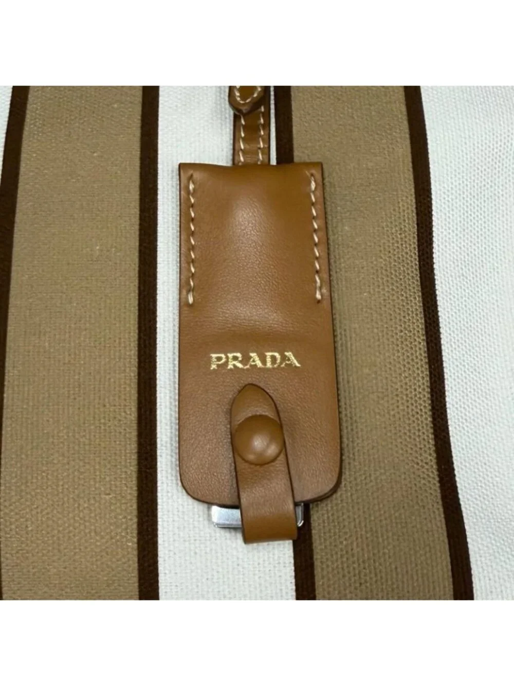 Prada Triangle Logo Stripe Leather Canvas Tote Brown White - Picture 10 of 14